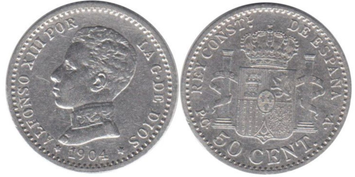 Cy16668H.-ALFONSO XIII -  50 Céntimos 1904/10 PCV, EBC