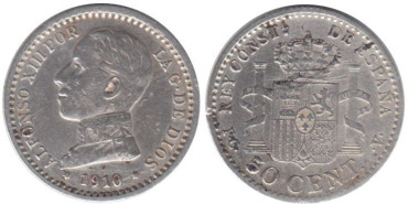 Cy16669E.-ALFONSO XIII - 50 Céntimos 1910/10 PCV, MBC