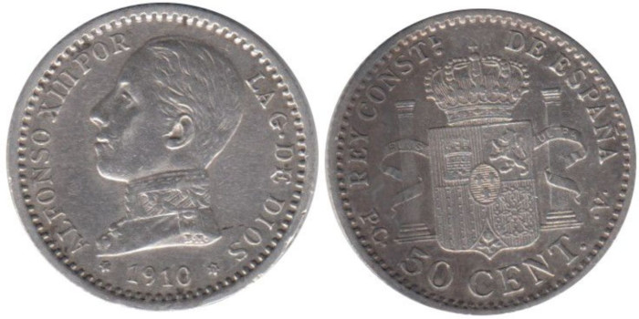 Cy16669F.-ALFONSO XIII - 50 Céntimos 1910/10 PCV, MBC+