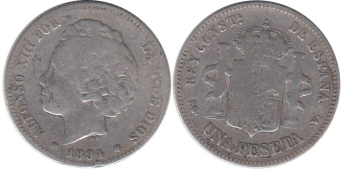 Cy16674C.-ALFONSO XIII - 1 Peseta 1894 PGV, BC+