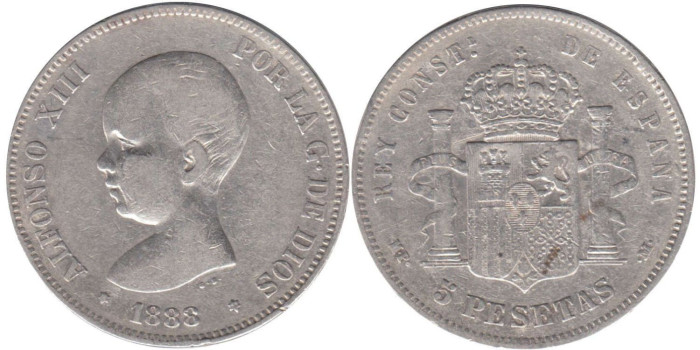 Cy16693C.-ALFONSO XIII - 5 Pesetas 1888 MPM, BC