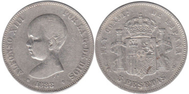 Cy16693C.-ALFONSO XIII - 5 Pesetas 1888 MPM, BC