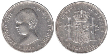 Cy16693E.-ALFONSO XIII - 5 Pesetas 1888 MPM, MBC