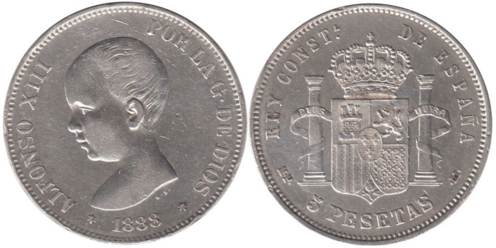 Cy16693F.-ALFONSO XIII - 5 Pesetas 1888 MPM, MBC+