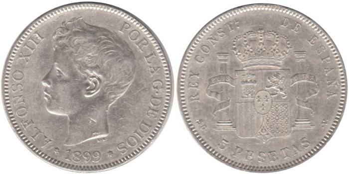 Cy16708E.-ALFONSO XIII - 5 Pesetas 1899 (18,--) SGV, MBC plata