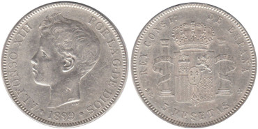 Cy16708E.-ALFONSO XIII - 5 Pesetas 1899 (18,--) SGV, MBC plata