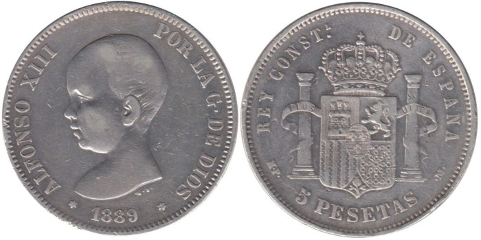 Cy16695C.-ALFONSO XIII - 5 Pesetas 1889 MPM, BC