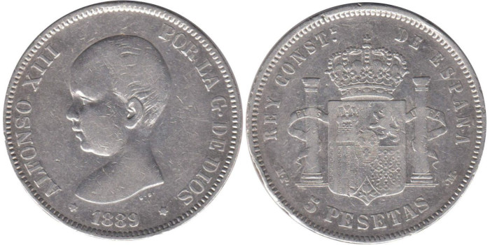 Cy16695E.-ALFONSO XIII - 5 Pesetas 1889 MPM, MBC