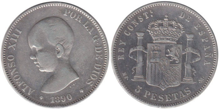 Cy16696C.-ALFONSO XIII - 5 Pesetas 1890 MPM, BC