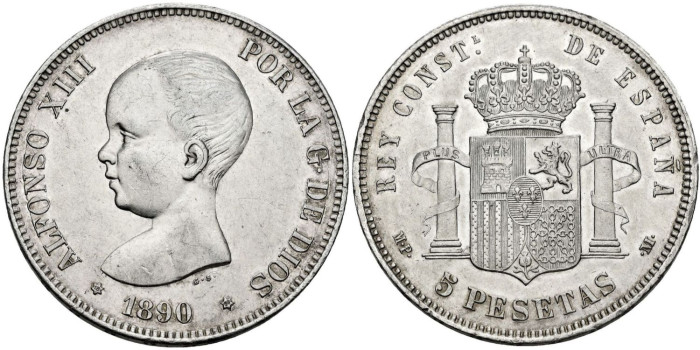 Cy16696H.- ALFONSO XIII - 5 Pesetas 1890 MPM. EBC