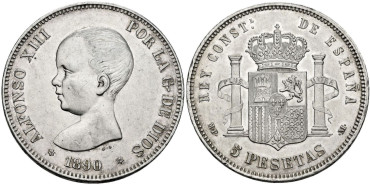Cy16696H.- ALFONSO XIII - 5 Pesetas 1890 MPM. EBC