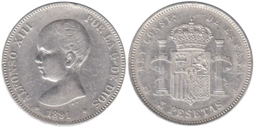 Cy16698E.-ALFONSO XIII - 5 Pesetas 1891 PGM, MBC