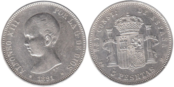Cy16698F.-ALFONSO XIII - 5 Pesetas 1891 PGM, MBC+