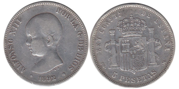 Cy16699B.-ALFONSO XIII - 5 Pesetas 1892 PGM pelón , RC