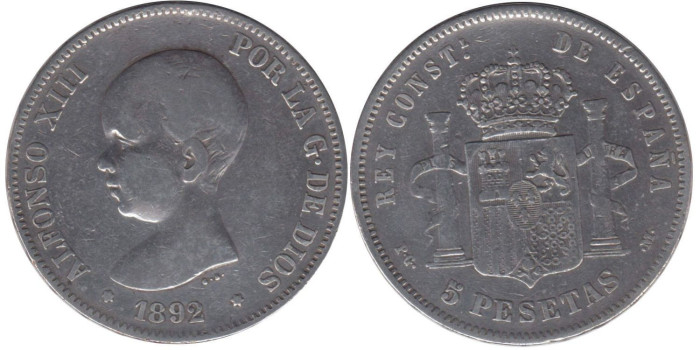Cy16699C.-ALFONSO XIII - 5 Pesetas 1892 PGM pelón , BC