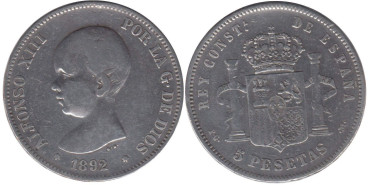 Cy16699C.-ALFONSO XIII - 5 Pesetas 1892 PGM pelón , BC