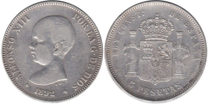 Cy16699D.-ALFONSO XIII - 5 Pesetas 1892 PGM pelón , MBC-