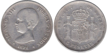 Cy16699D.-ALFONSO XIII - 5 Pesetas 1892 PGM pelón , MBC-