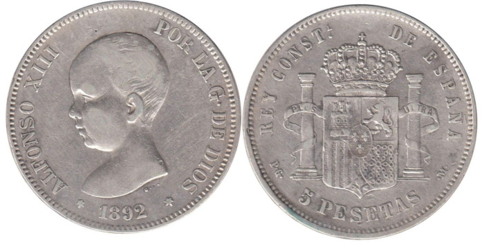 Cy16699E.-ALFONSO XIII - 5 Pesetas 1892 PGM pelón , MBC