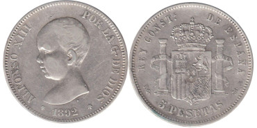 Cy16699E.-ALFONSO XIII - 5 Pesetas 1892 PGM pelón , MBC