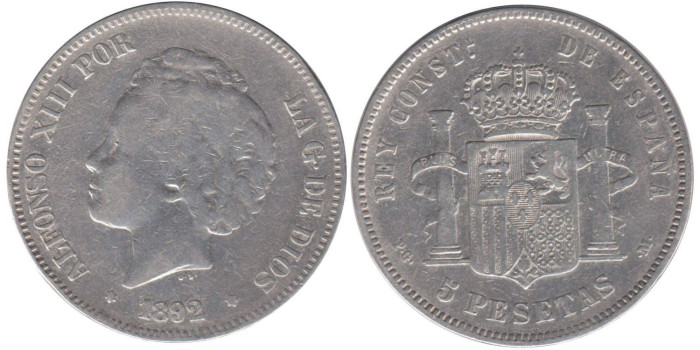 Cy16700C.-ALFONSO XIII -5 Pesetas 1892 PGM bucles , BC
