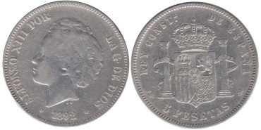 Cy16700C.-ALFONSO XIII -5 Pesetas 1892 PGM bucles , BC