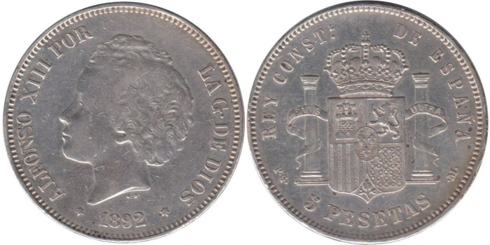 Cy16700E.-ALFONSO XIII - 5 Pesetas 1892 PGM bucles , MBC