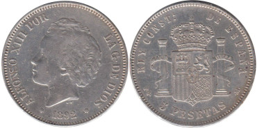 Cy16700E.-ALFONSO XIII - 5 Pesetas 1892 PGM bucles , MBC