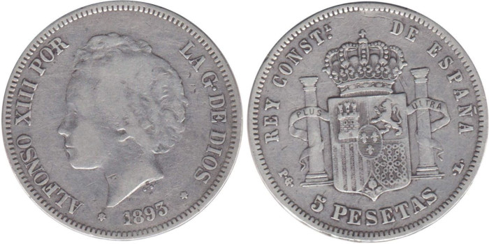 Cy16701C.-ALFONSO XIII - 5 Pesetas 1893  (18-93) PGL, BC