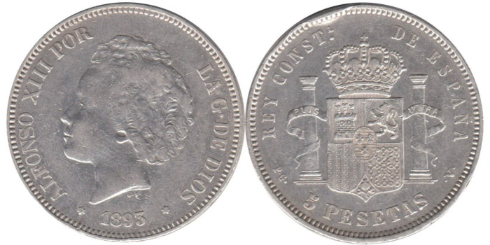 Cy16702E.-ALFONSO XIII - 5 Pesetas 1893 PGV, MBC golpes canto