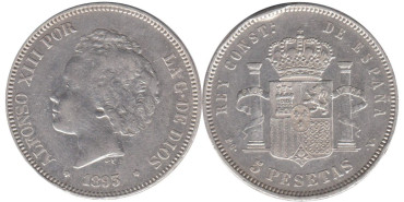 Cy16702E.-ALFONSO XIII - 5 Pesetas 1893 PGV, MBC golpes canto