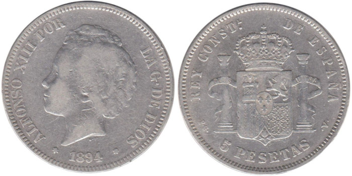 Cy16703B.-ALFONSO XIII - 5 Pesetas 1894 PGV, RC