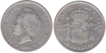 Cy16703B.-ALFONSO XIII - 5 Pesetas 1894 PGV, RC