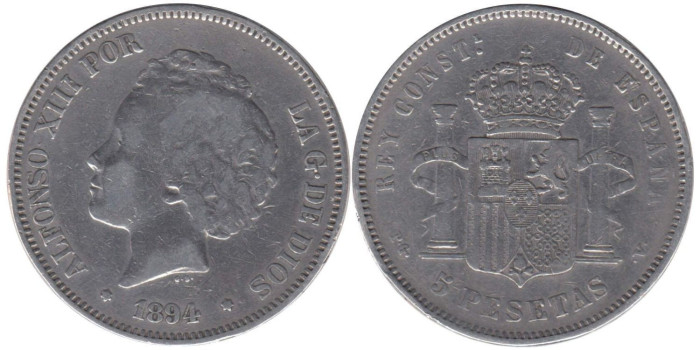 Cy16703D.-ALFONSO XIII - 5 Pesetas 1894 PGV, MBC-
