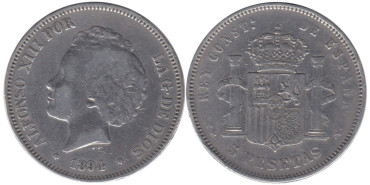 Cy16703D.-ALFONSO XIII - 5 Pesetas 1894 PGV, MBC-