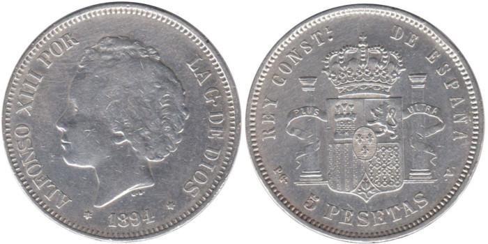 Cy16703E.-ALFONSO XIII - 5 Pesetas 1894 PGV, MBC