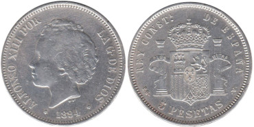 Cy16703E.-ALFONSO XIII - 5 Pesetas 1894 PGV, MBC