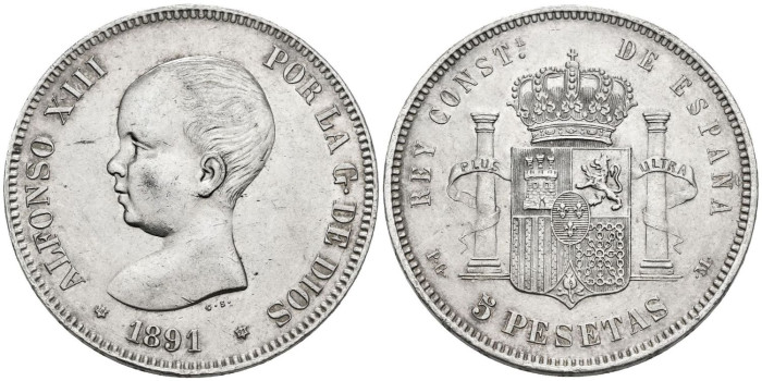 Cy16698G.2.-ALFONSO XIII - 5 Pesetas 1891/18-91 PGM. EBC-