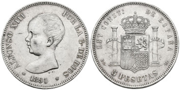 Cy16698G.2.-ALFONSO XIII - 5 Pesetas 1891/18-91 PGM. EBC-