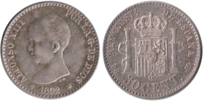 Cy16659F.-ALFONSO XIII - 50 Céntimos 1892 (9-2) PGM, MBC+