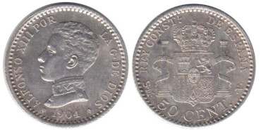 Cy16667K.-ALFONSO XIII - 50 Centimos 1904 (0-4) SC , plata