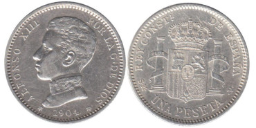 Cy16682H.-ALFONSO XIII - 1 Peseta 1904 (19-04) EBC plata