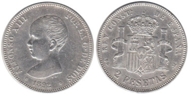 Cy16690H.-ALFONSO XIII - 2 Pesetas 1892 (18-92) PGM, EBC-