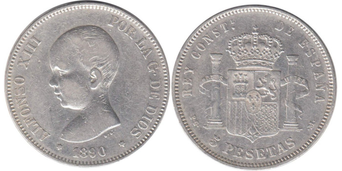 Cy16697E.-ALFONSO XIII - 5 Pesetas 1890 (18-90) PGM, MBC
