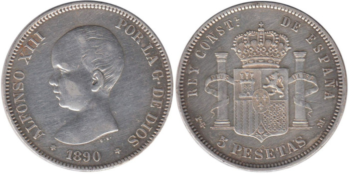 Cy16697F.-ALFONSO XIII - 5 Pesetas 1890 (18-90) PGM, MBC+