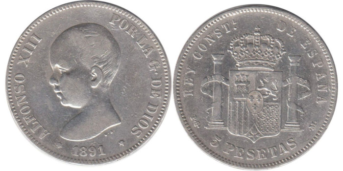 Cy16698C.-ALFONSO XIII -  5 Pesetas 1891 (--91) BC plata