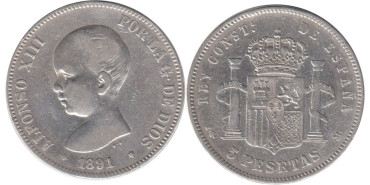 Cy16698C.-ALFONSO XIII -  5 Pesetas 1891 (--91) BC plata