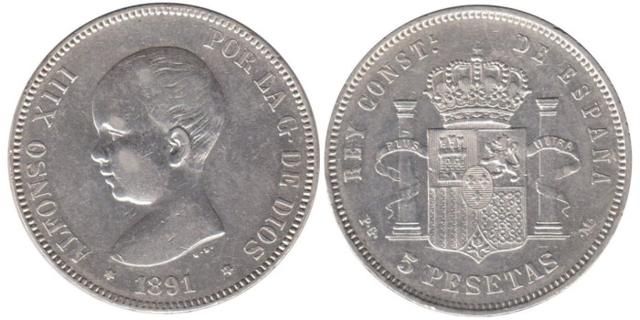Cy16698G.-ALFONSO XIII - 5 Pesetas 1891 (--91) PGM, EBC-