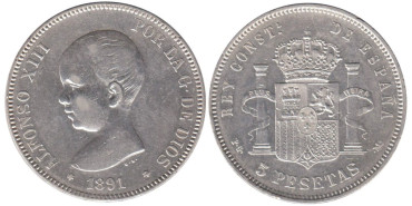 Cy16698G.-ALFONSO XIII - 5 Pesetas 1891 (--91) PGM, EBC-