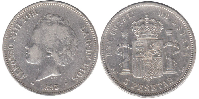 Cy16701D.-ALFONSO XIII - 5 Pesetas 1893  (18-93) PGL, MBC- plata